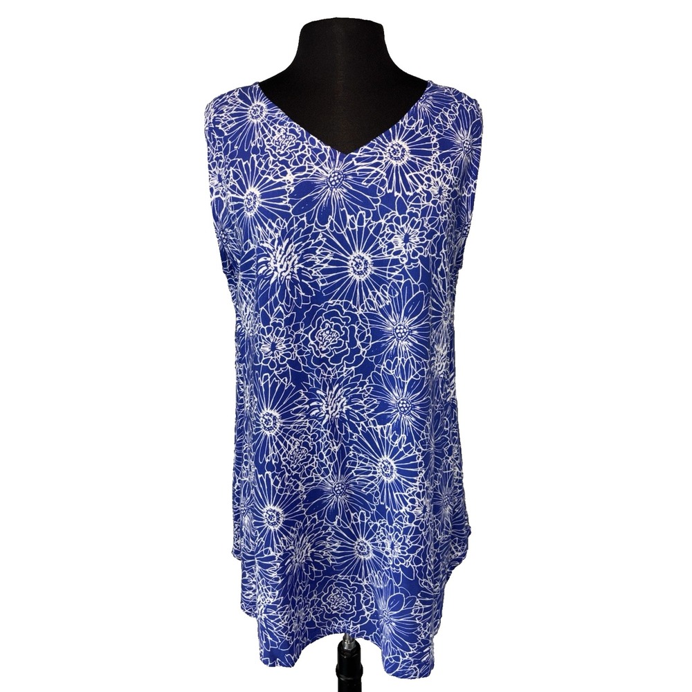 NEW River Floral Tunic Tank Top Women's Size L‎ Blue White V Neck High Low